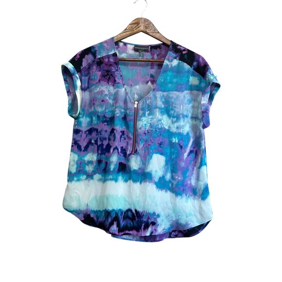 Women's Blouse Top Purple Blue Abstract Print Short Sleeve - Picture 1 of 5